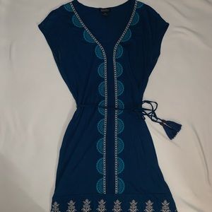 Navy Bohemian dress with embroidered appliqués in turquoise. Light weight.